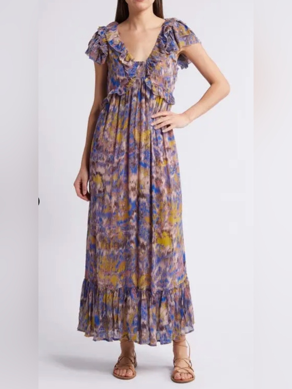 Cleobella Helene Ankle Floral Ruffle Maxi Dress in Purple and Yellow